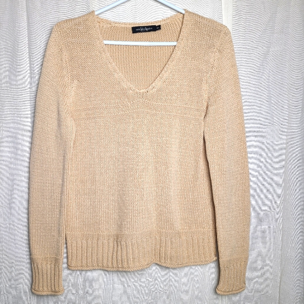 Eric Alexandre Women's L Pullover Sweater Cream Cotton Knit Long Sleeves V-Neck